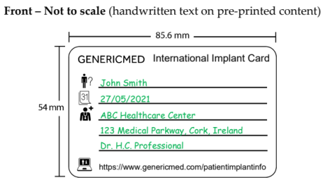 MDCG 2019-8 v.2, Implant card 예시 (앞면)